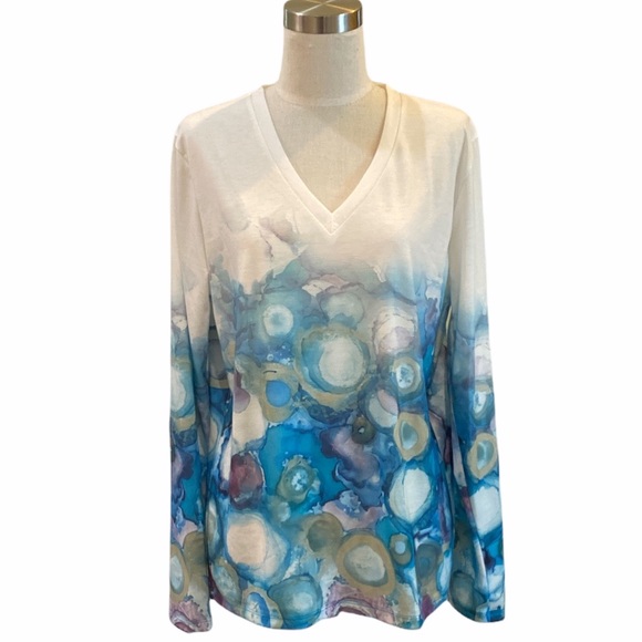 exclusive Tops - Exclusive Brand L/S Blue Water Color V-neck top/Sz M/NWT!!!